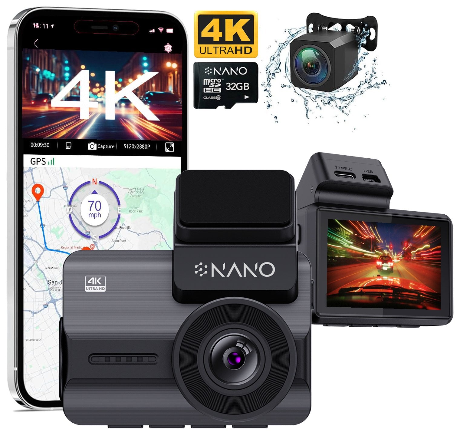 <tc>Nanocam M68 4K 2CH Wifi GPS 32gb dashcam</tc>